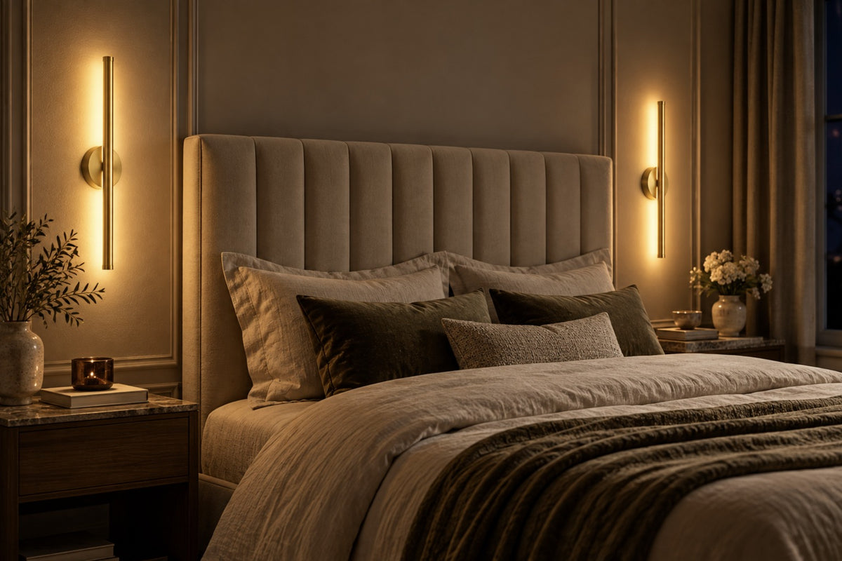 Two Orla gold wall lights glowing either side of a bed at night