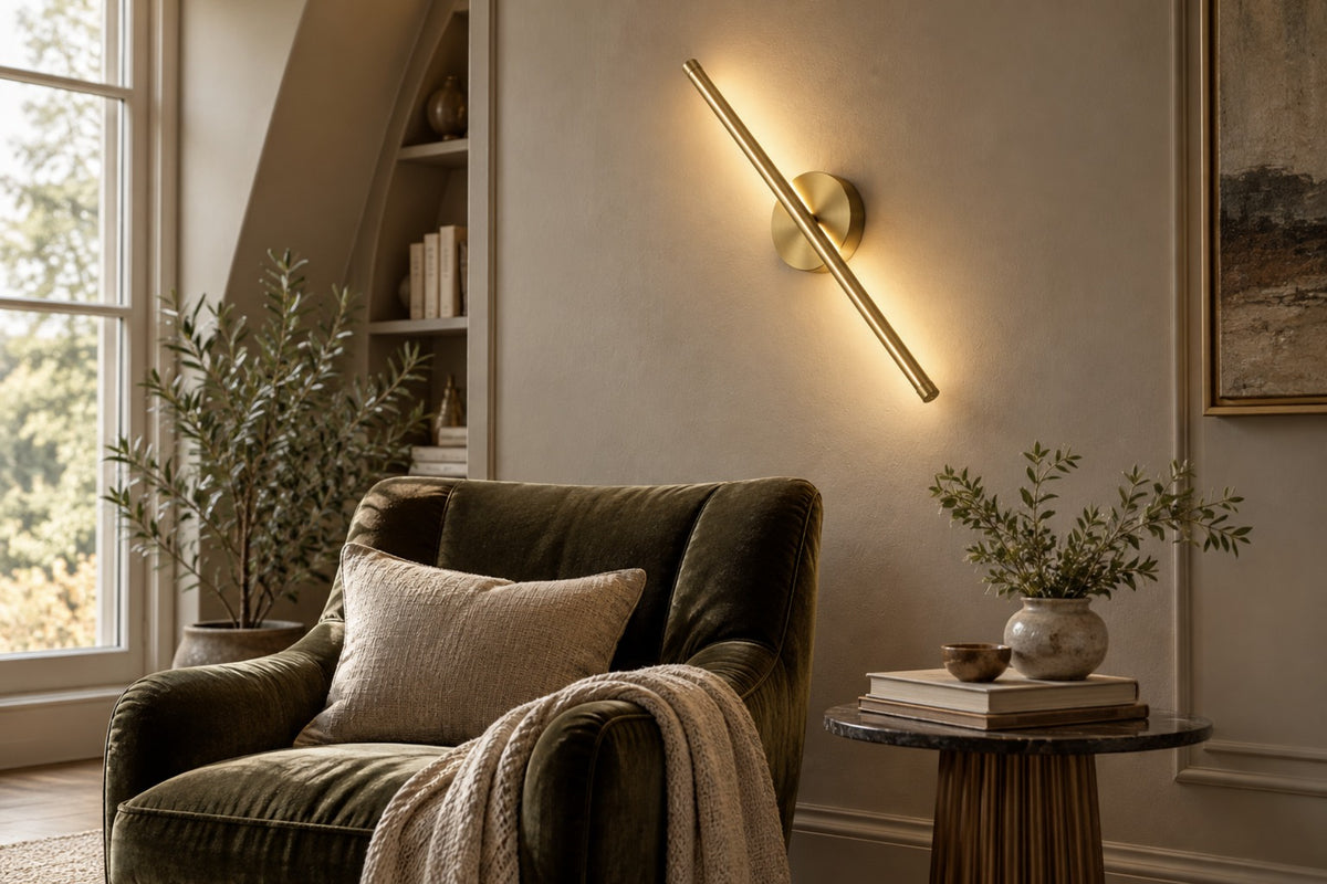 Orla rechargeable gold wall light angled above a velvet armchair in a reading corner