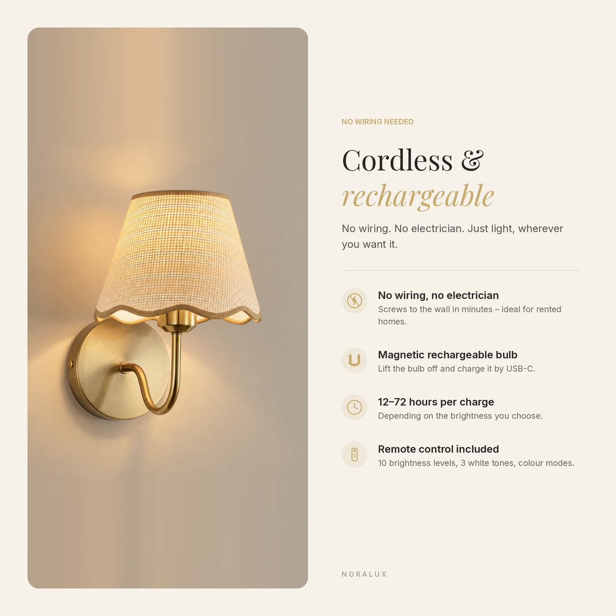 Paloma cordless rechargeable wall light features: no wiring, magnetic USB-C bulb, remote control