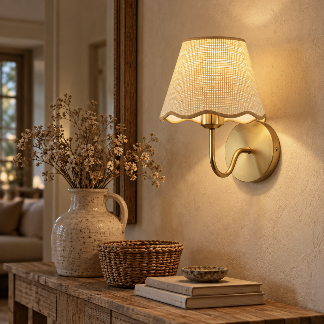 Paloma rechargeable wall light with scalloped rattan shade above a rustic oak console