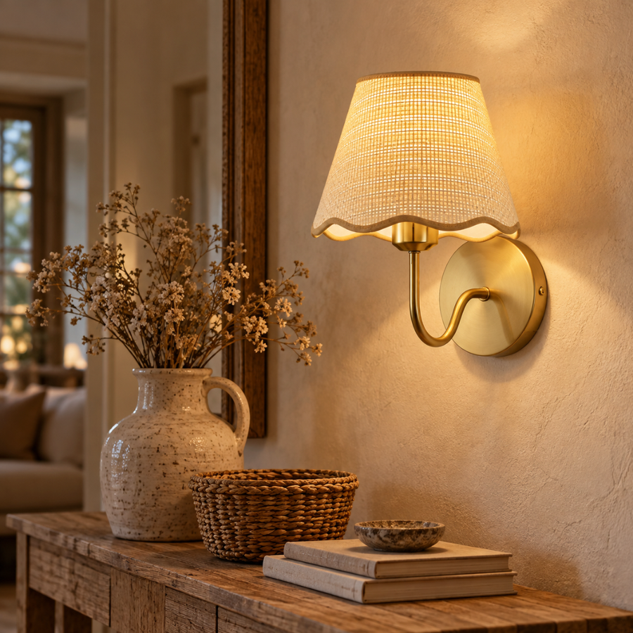 Rechargeable Wall Light with Scalloped Rattan Shade, Gold – Paloma