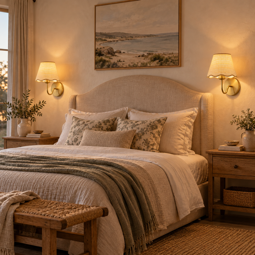 Two Paloma scalloped rattan wall lights either side of a linen headboard