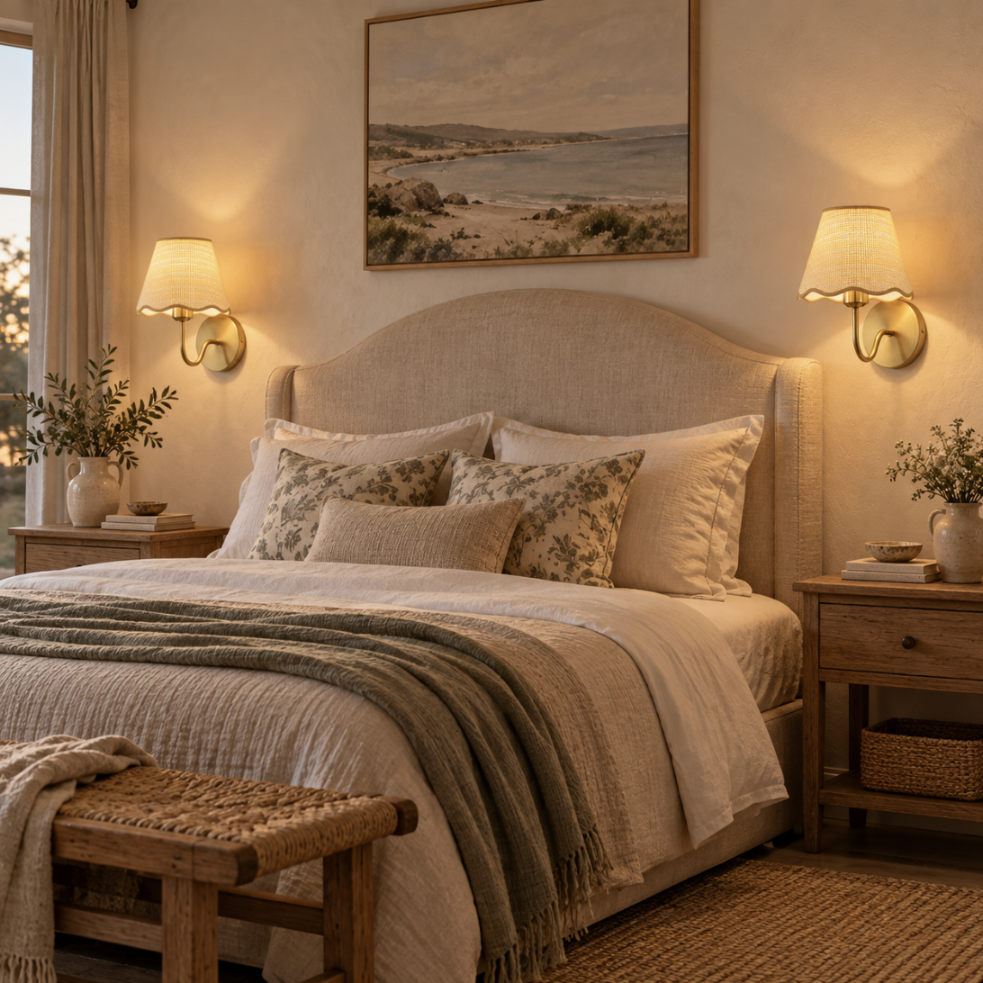 Two Paloma scalloped rattan wall lights either side of a linen headboard