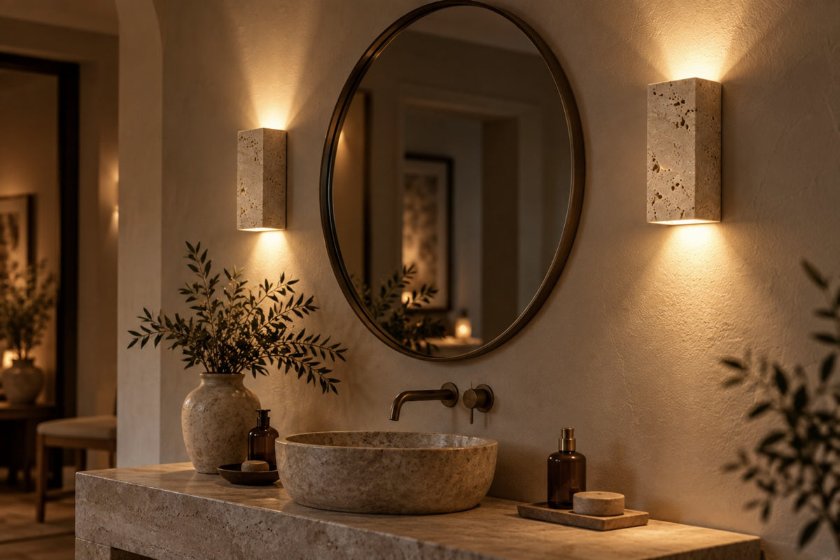 Two Petra travertine block wall lights either side of a round mirror at night