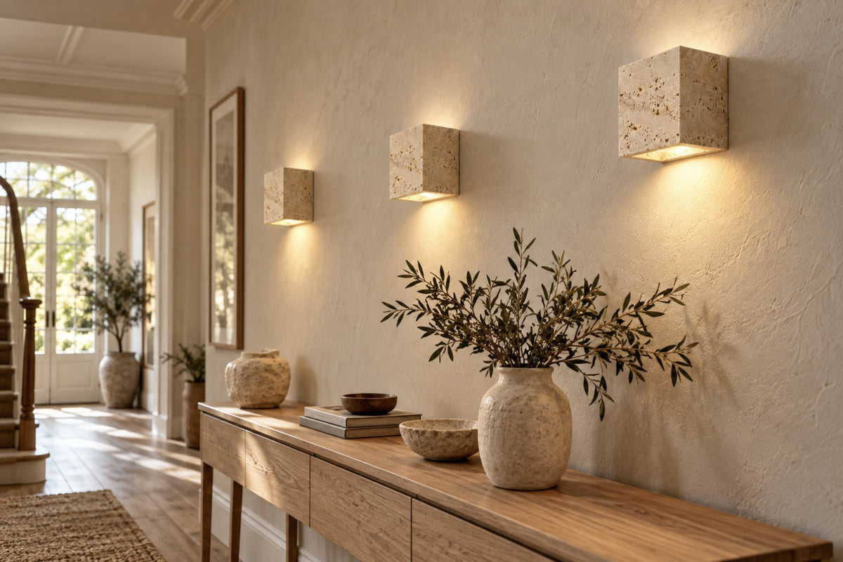 Three Petra travertine cube wall lights along a hallway wall