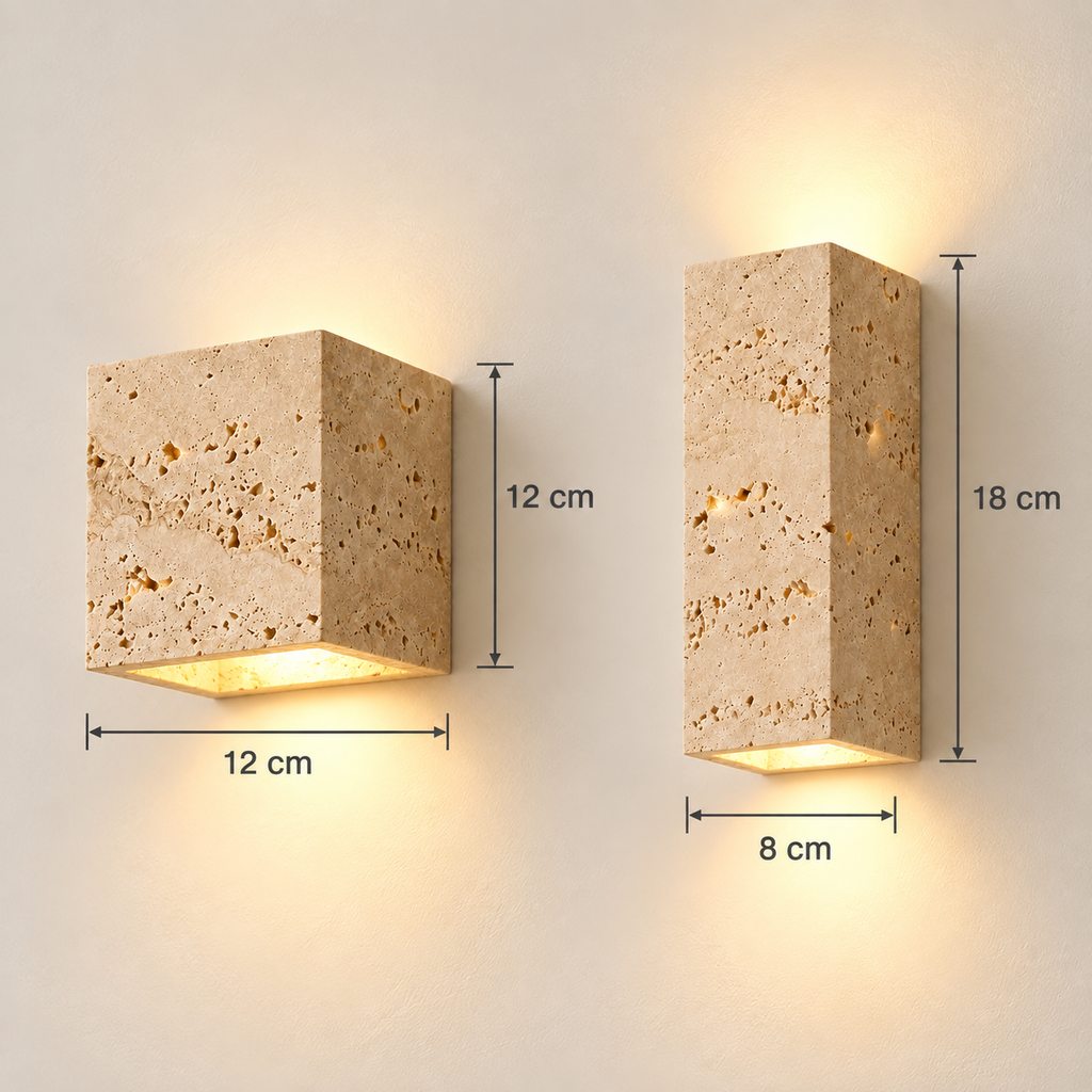 Petra travertine wall light dimensions: cube 12 x 12 cm, block 8 x 18 cm