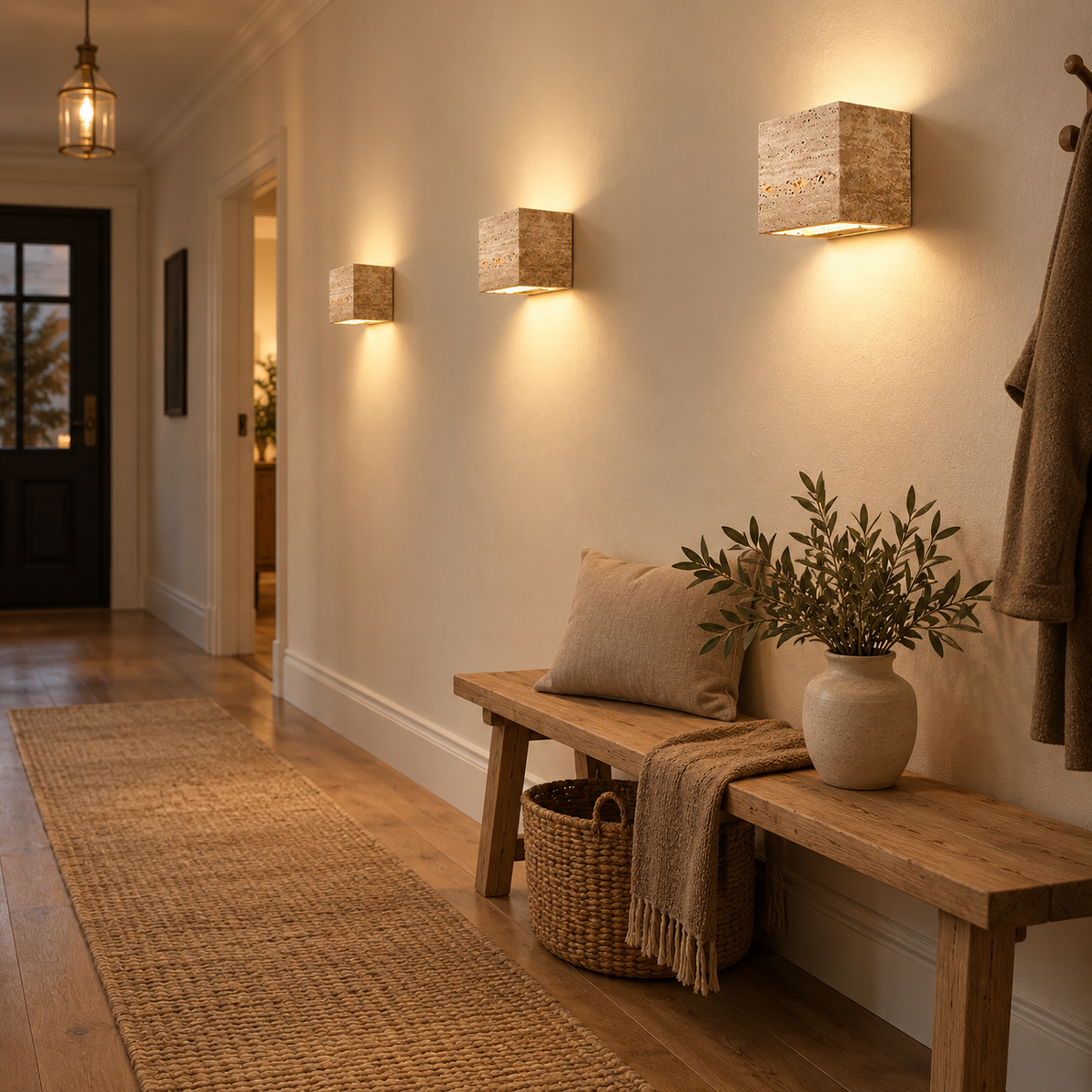 Three Petra travertine cube wall lights along a hallway wall