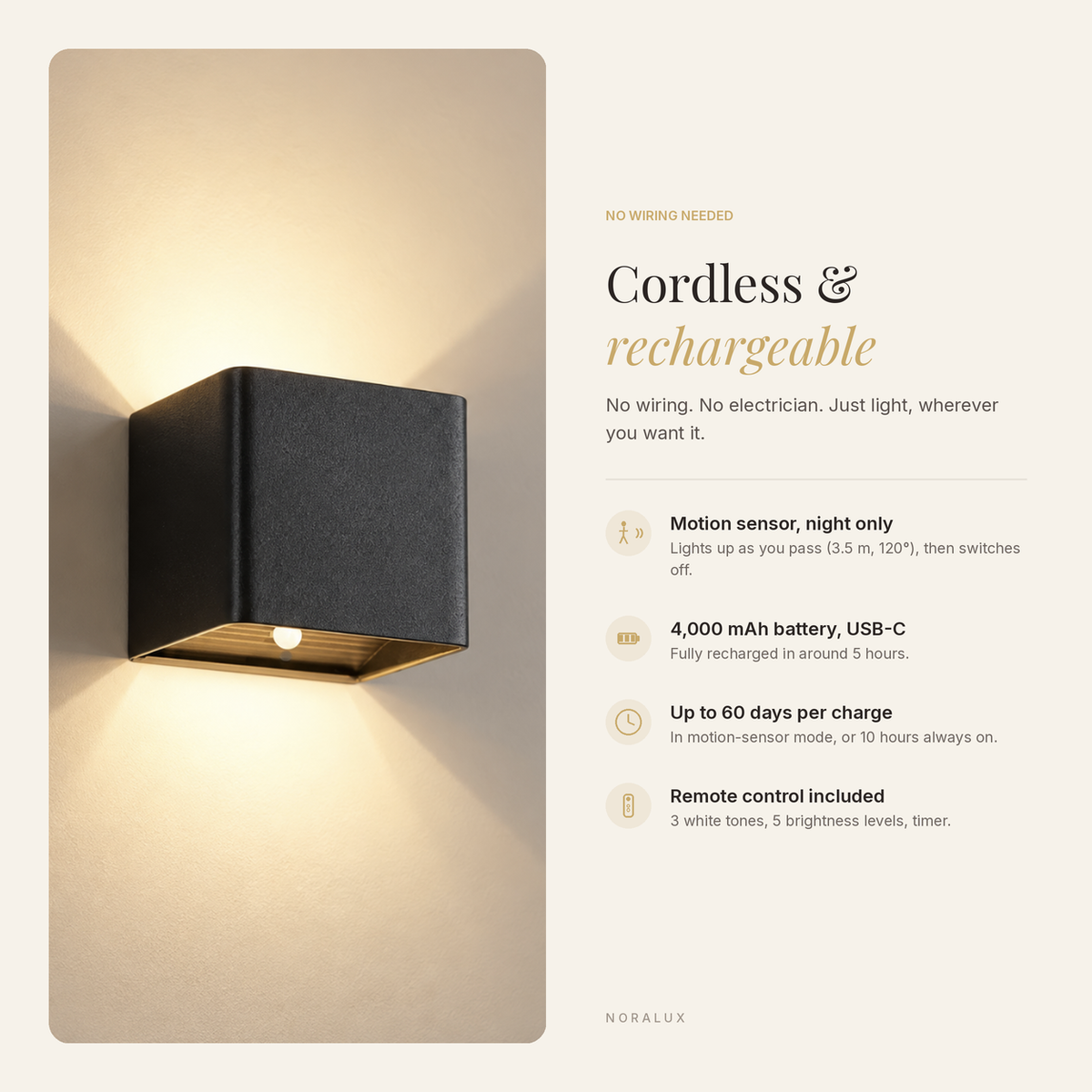 Quadra cordless rechargeable wall light in black – features: motion sensor, 4,000 mAh USB-C battery, up to 60 days, remote