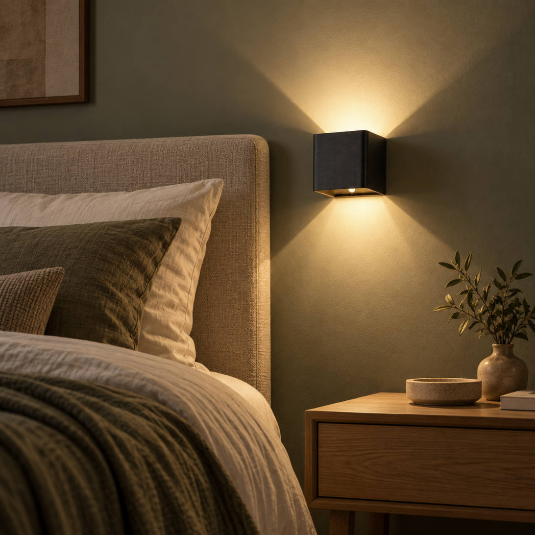 Quadra matte black rechargeable cube wall light beside a bed on a sage green wall