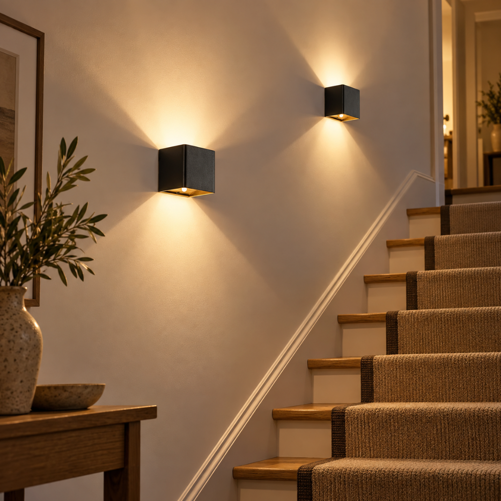 Two black Quadra motion sensor wall lights lighting a staircase