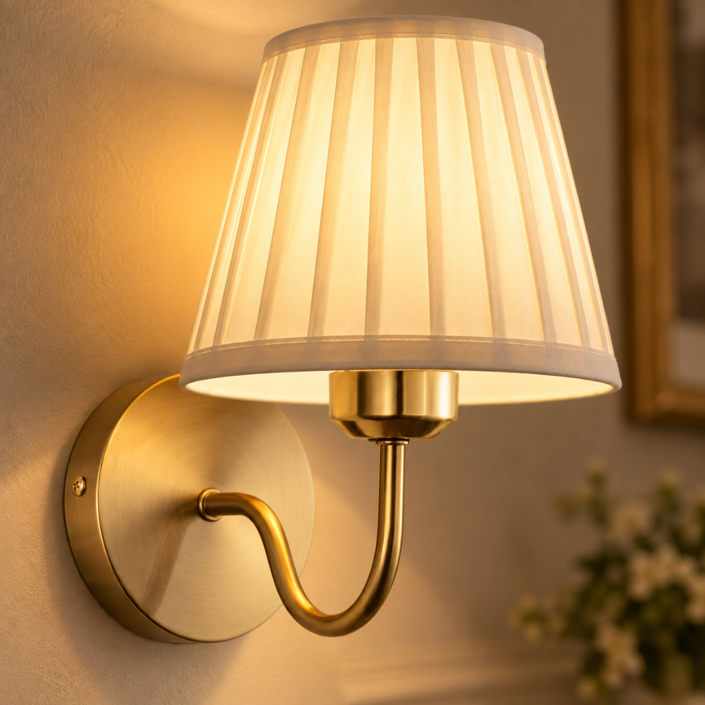 Close-up of the Rosalie cream pleated shade and swan-neck arm