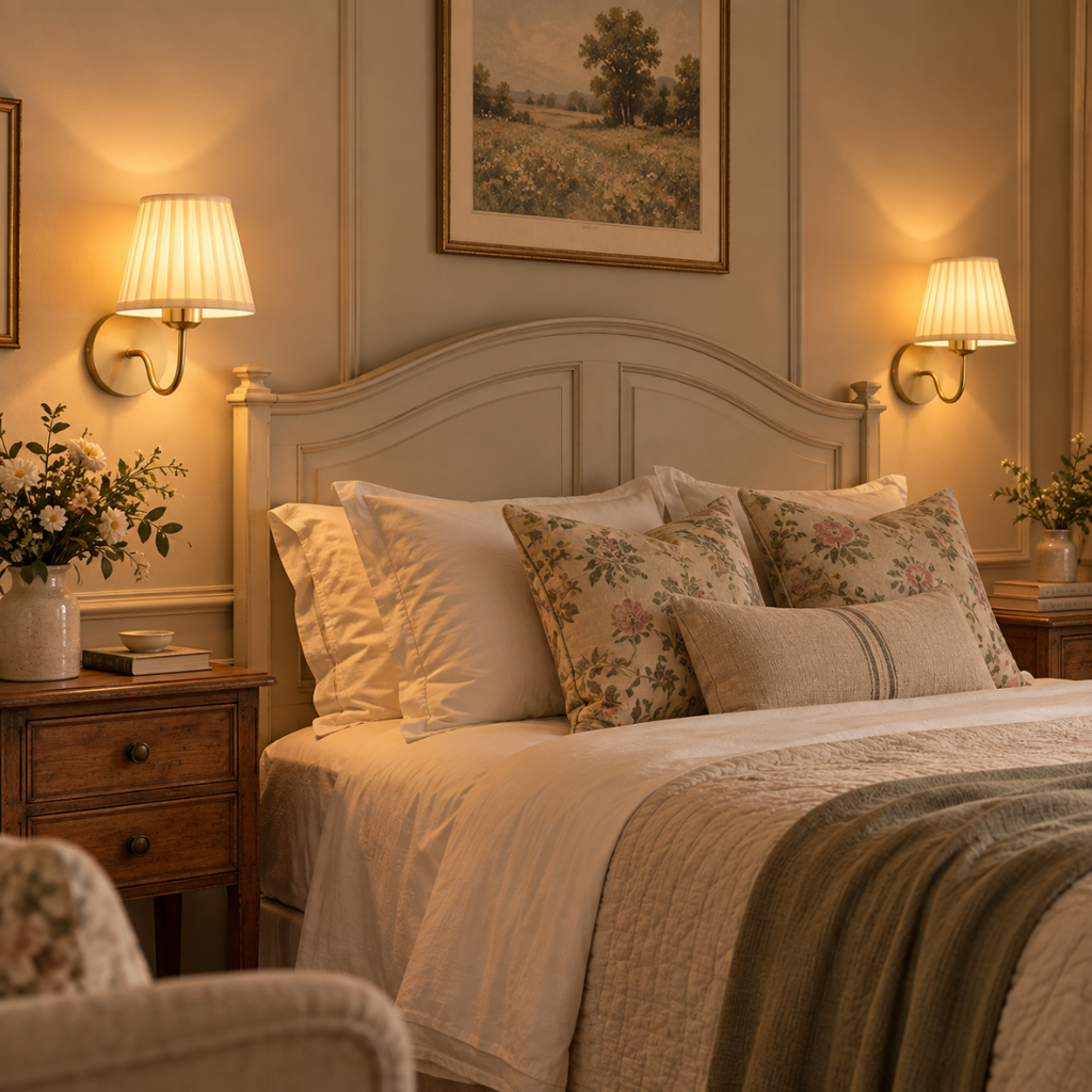 Two Rosalie pleated wall lights either side of a painted bed headboard