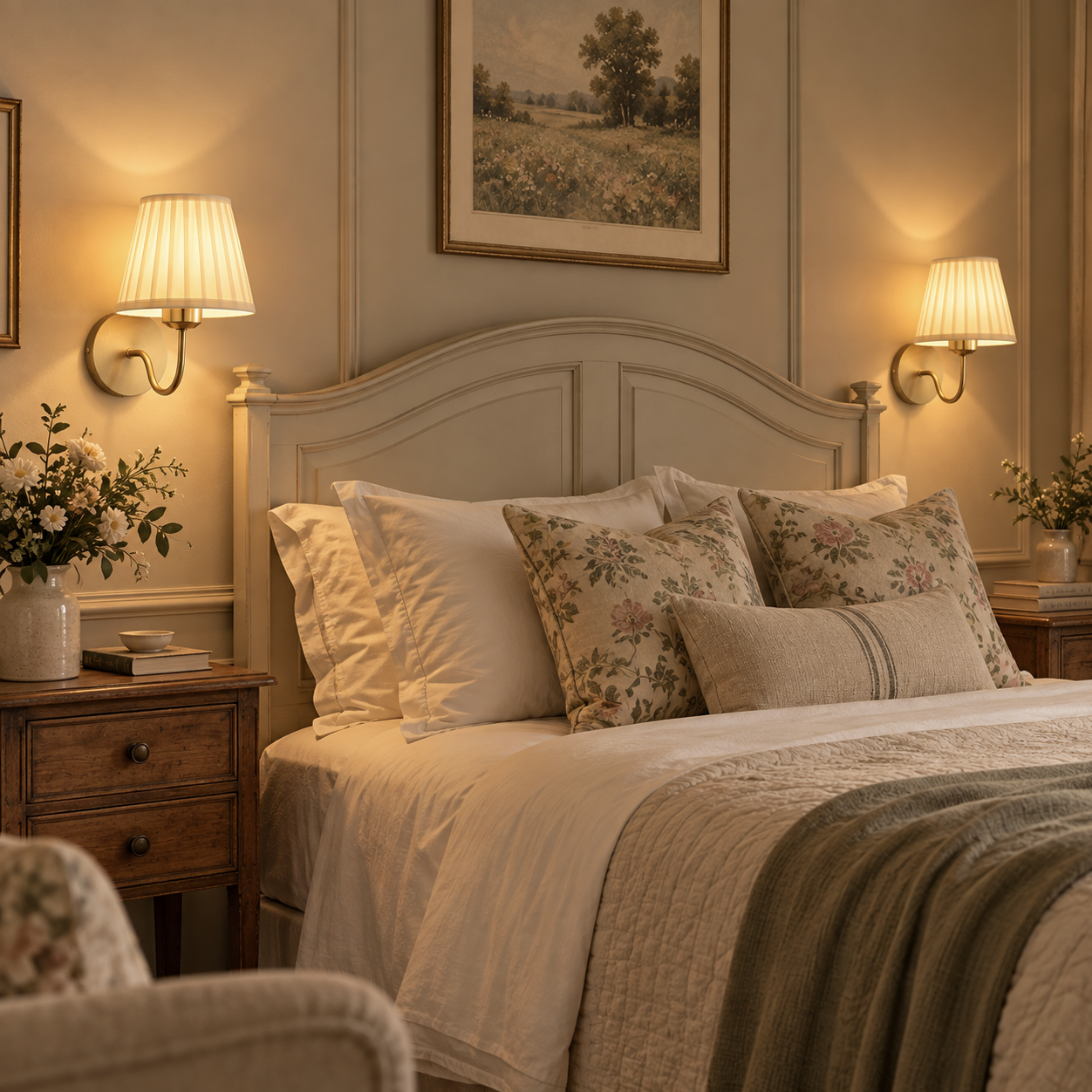 Two Rosalie pleated wall lights either side of a painted bed headboard