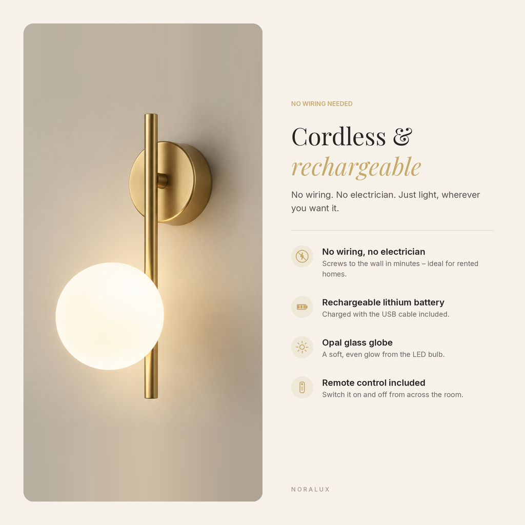 Selene cordless rechargeable wall light in gold – features: no wiring, rechargeable battery, opal glass globe, remote