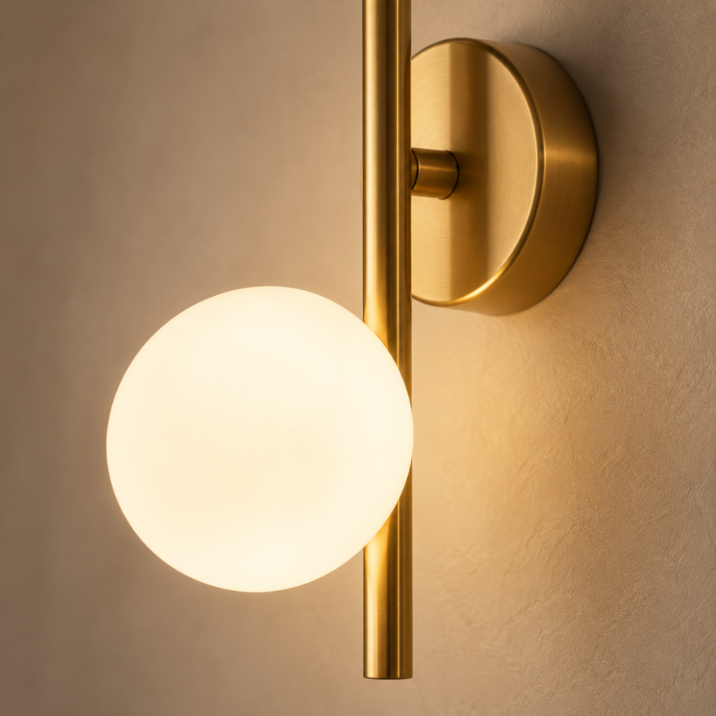 Close-up of the Selene opal glass globe and brushed gold rod