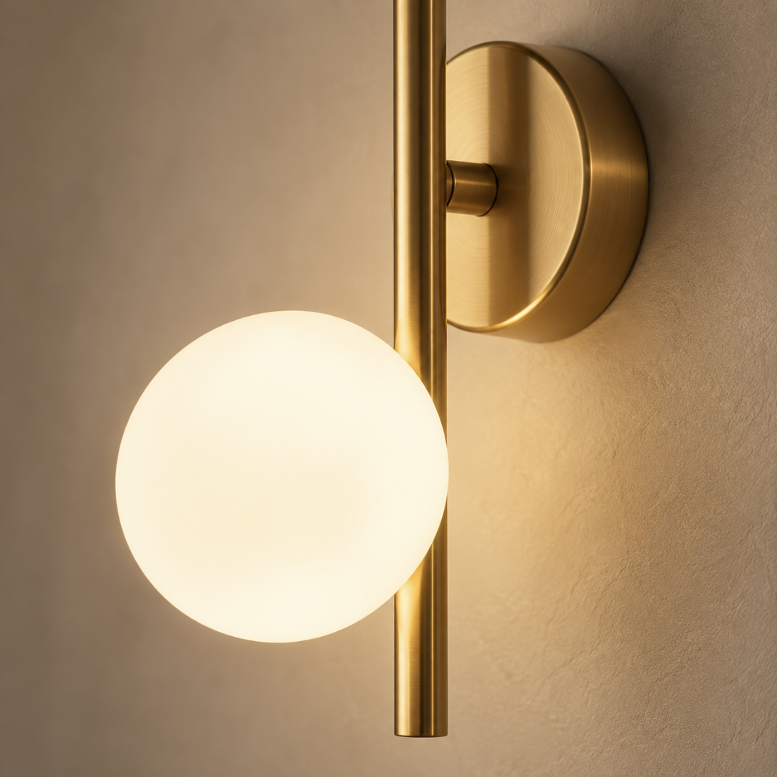Close-up of the Selene opal glass globe and brushed gold rod
