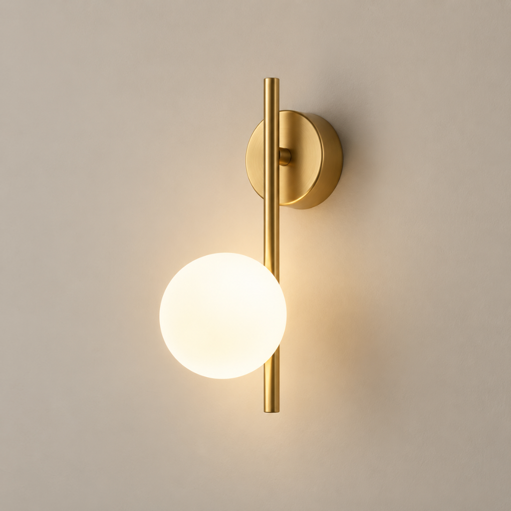 Selene cordless rechargeable globe wall light in gold, lit, on a greige wall