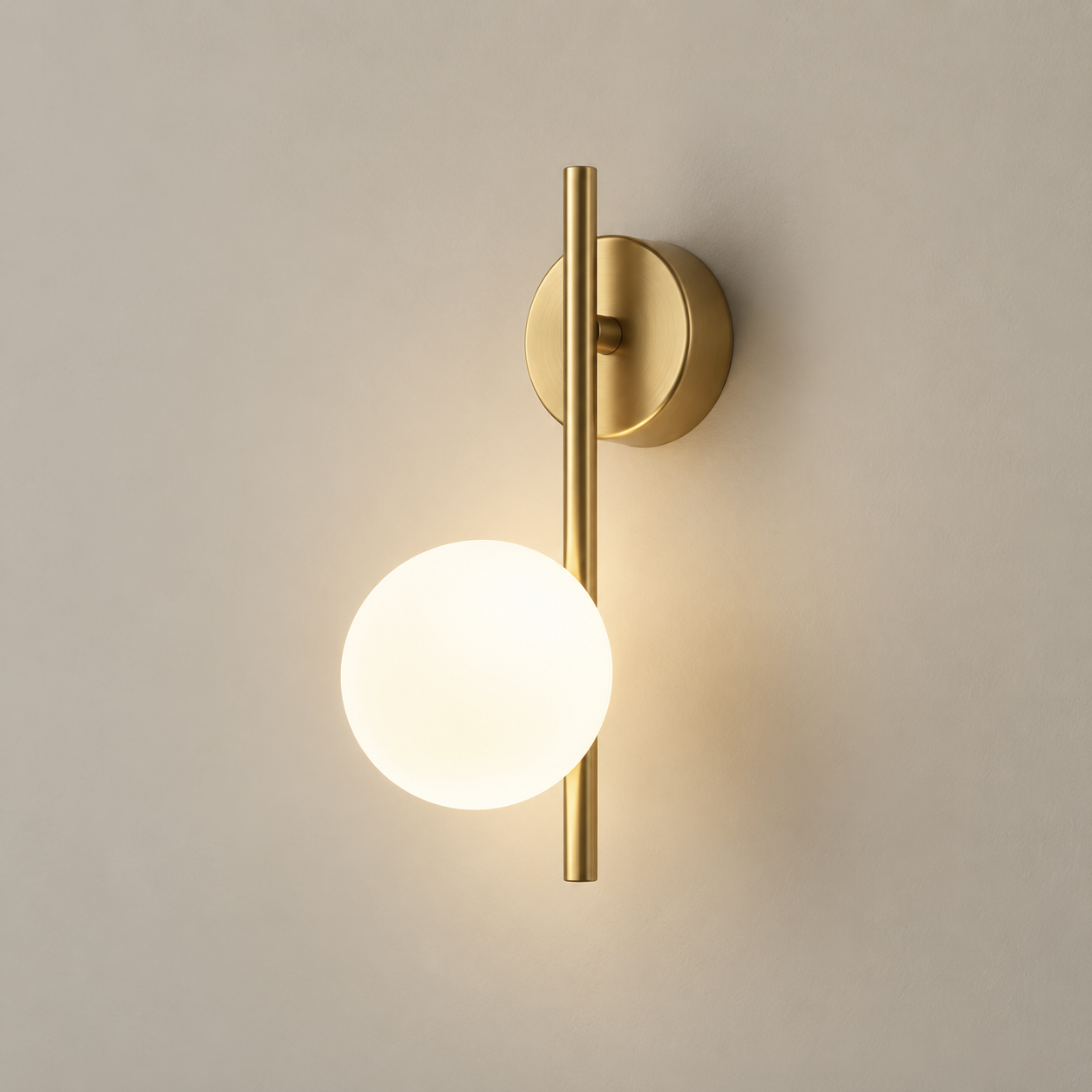 Selene cordless rechargeable globe wall light in gold, lit, on a greige wall