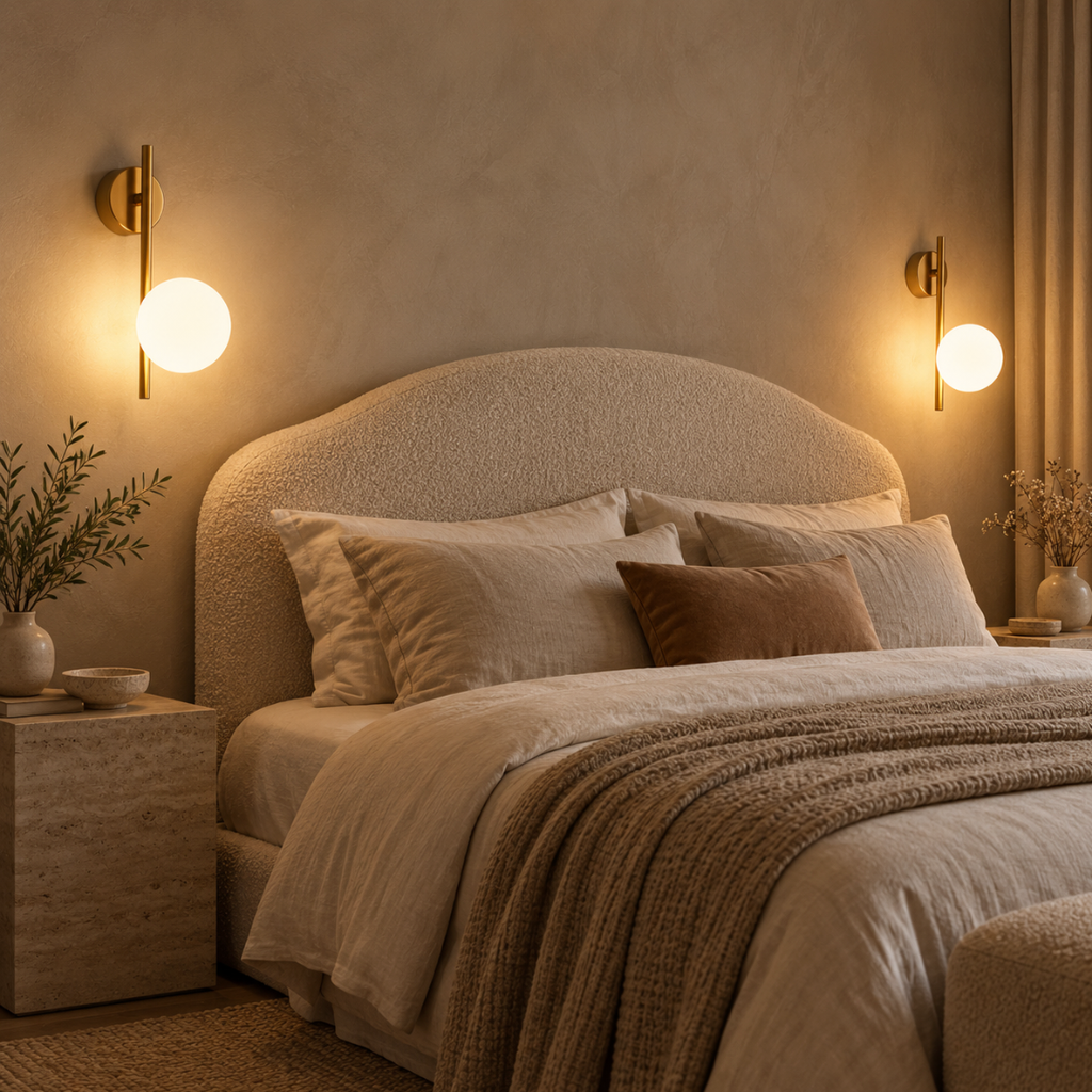 Two gold Selene globe wall lights either side of a boucle headboard