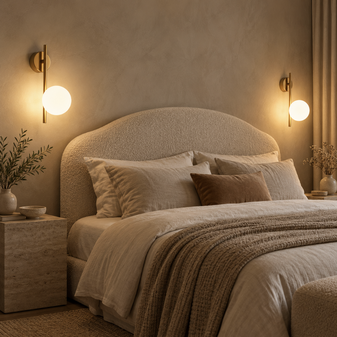 Two gold Selene globe wall lights either side of a boucle headboard