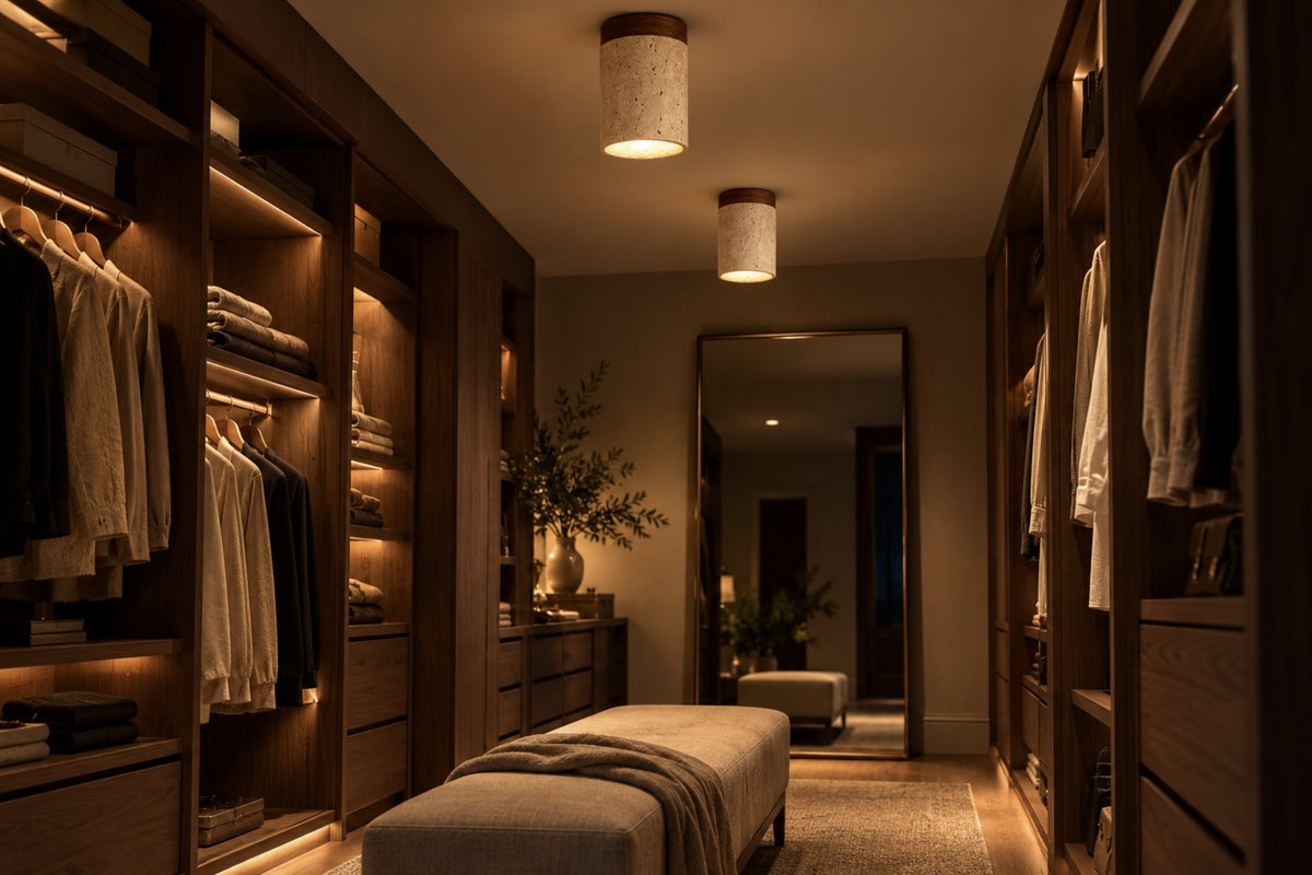 Two Siena ceiling lights glowing in a walk-in wardrobe at night