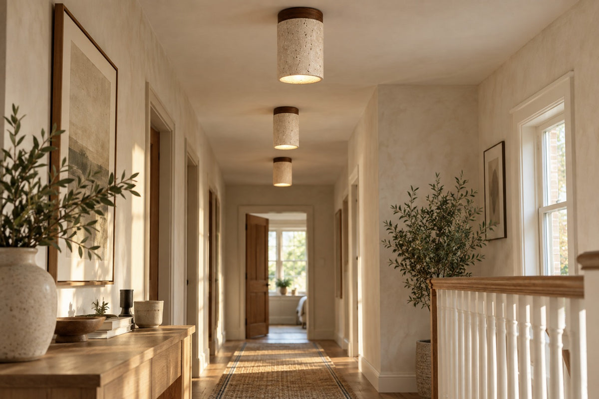 Three Siena travertine and walnut ceiling lights along a bright landing