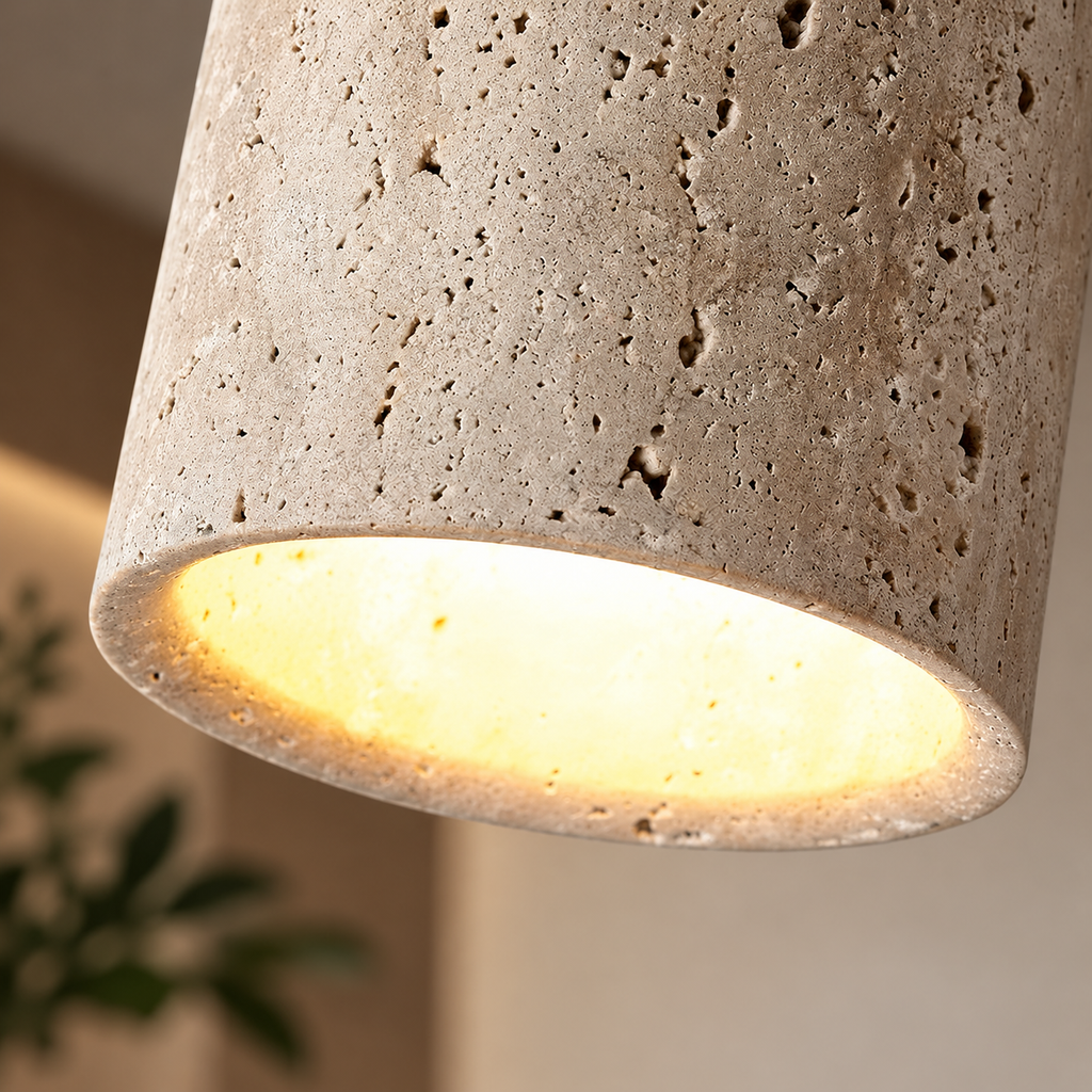 Close-up of the Siena travertine ceiling light switched on
