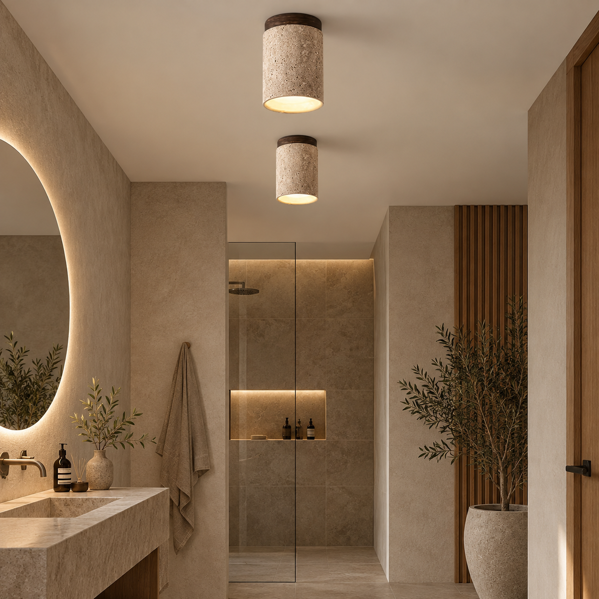 Siena travertine and walnut cylinder ceiling lights in a bathroom