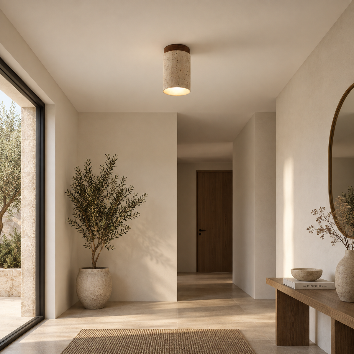 Siena travertine and walnut cylinder ceiling light in a hallway