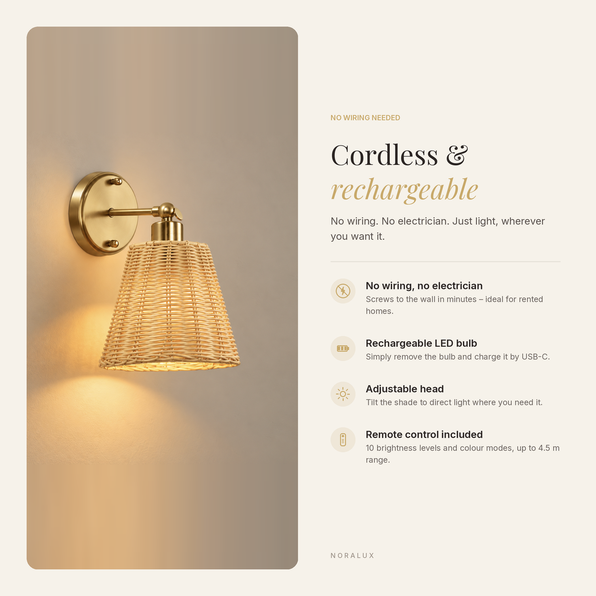 Solenne cordless rechargeable wall light features: no wiring, USB-C bulb, adjustable head, remote
