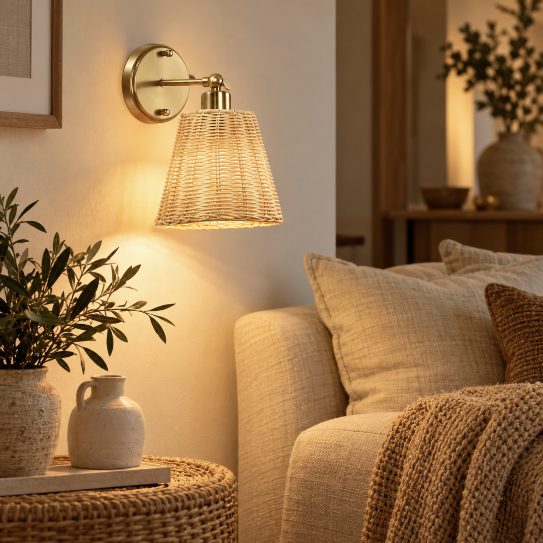 Solenne brushed gold rechargeable wall light with hand-woven rattan shade beside a linen sofa