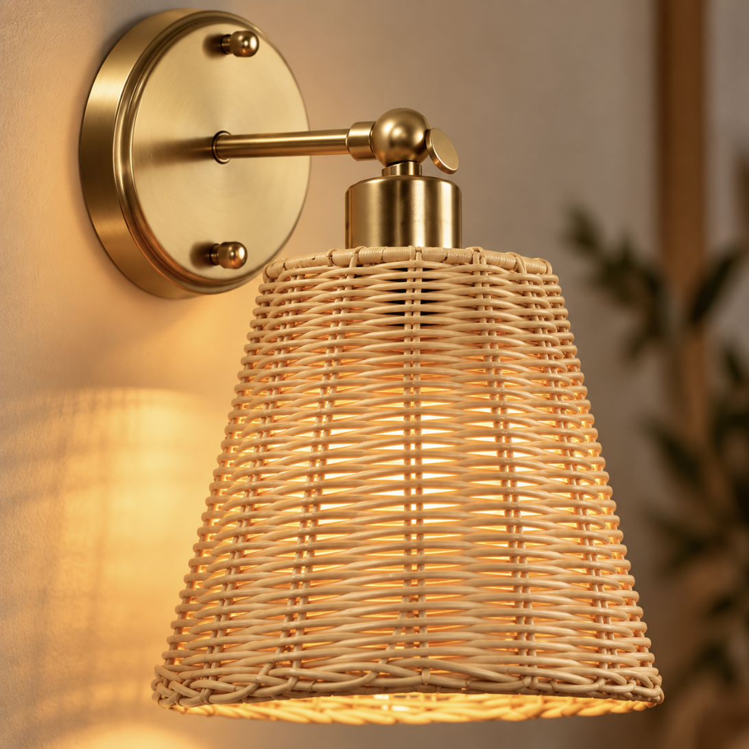 Close-up of the Solenne hand-woven rattan shade and knuckle joint