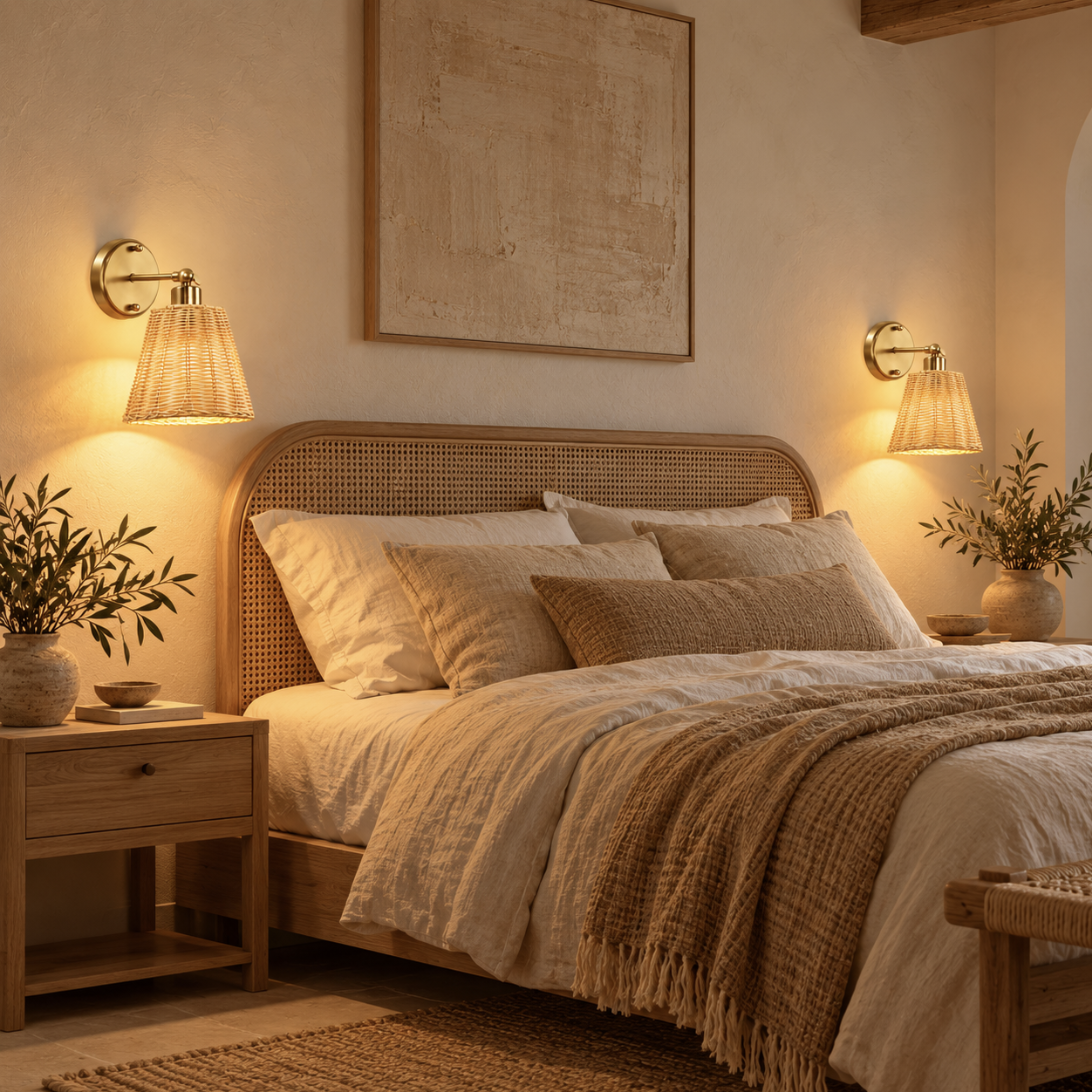 Two Solenne rattan wall lights either side of a cane headboard
