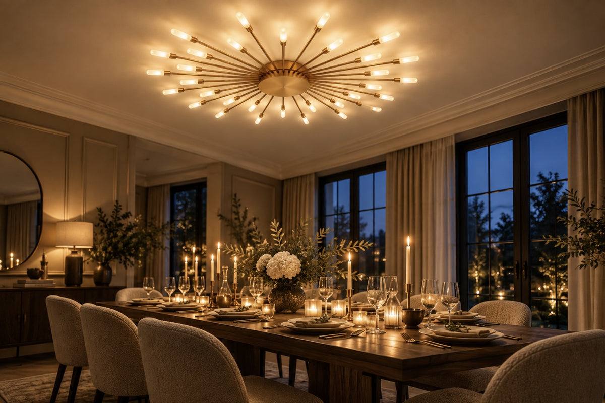 Solvera firework ceiling light glowing above a candlelit dinner table at night