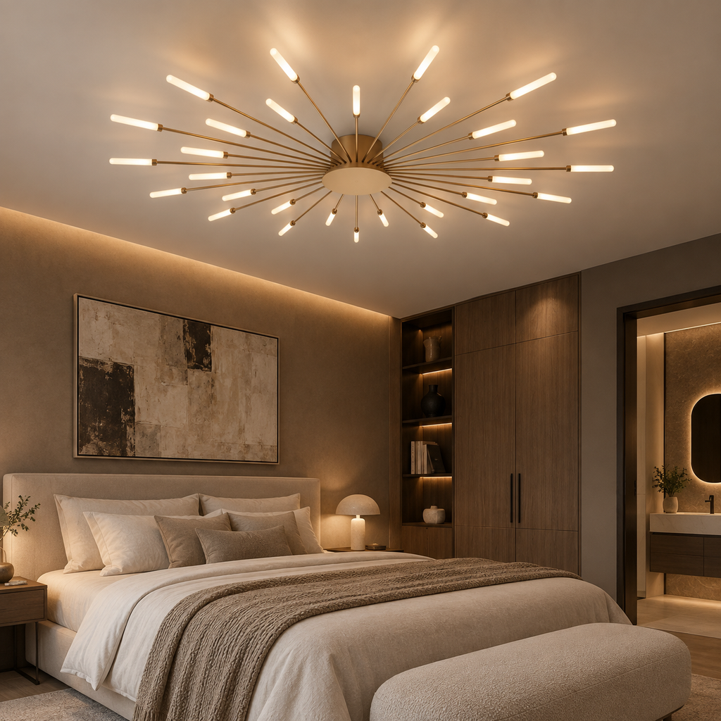 Solvera firework LED ceiling light in a bedroom
