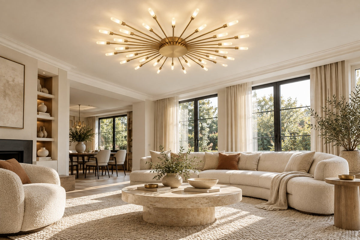 Solvera 105 cm firework LED ceiling light above a curved sofa in a bright living room