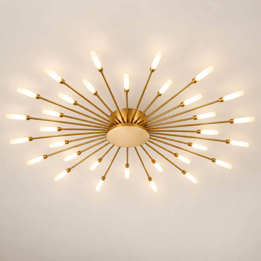Solvera sputnik firework LED ceiling light in matte gold, lit, on a greige studio background