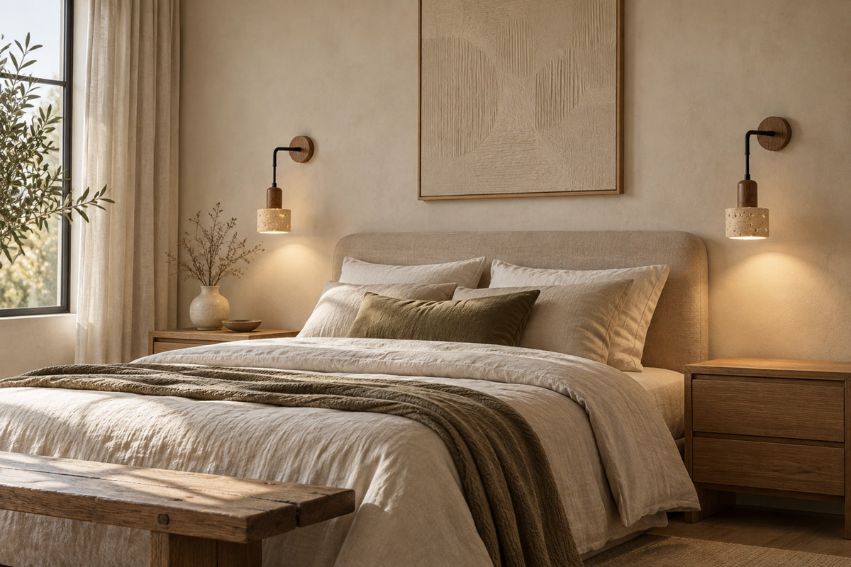 Pair of Sora travertine wall lights either side of a Japandi bed