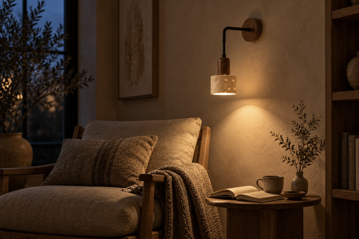 Sora stone wall light glowing above a reading chair at night