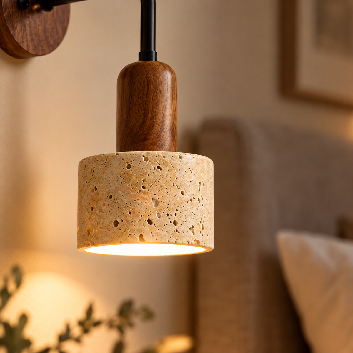 Close-up of the Sora's natural travertine shade and walnut-tone holder