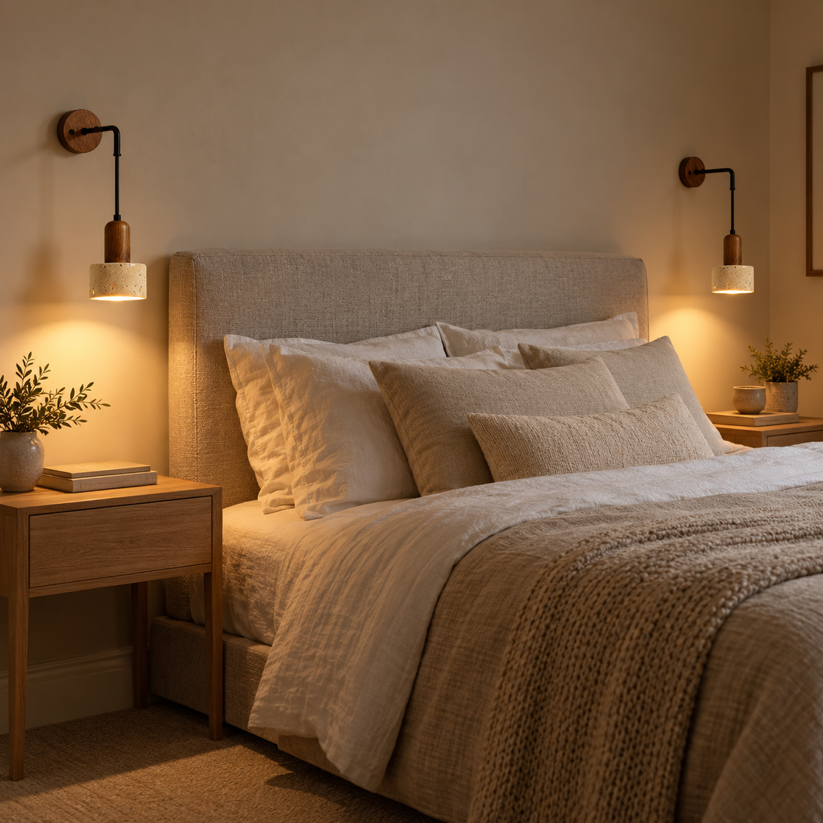 A pair of Sora travertine wall lights either side of a linen bed