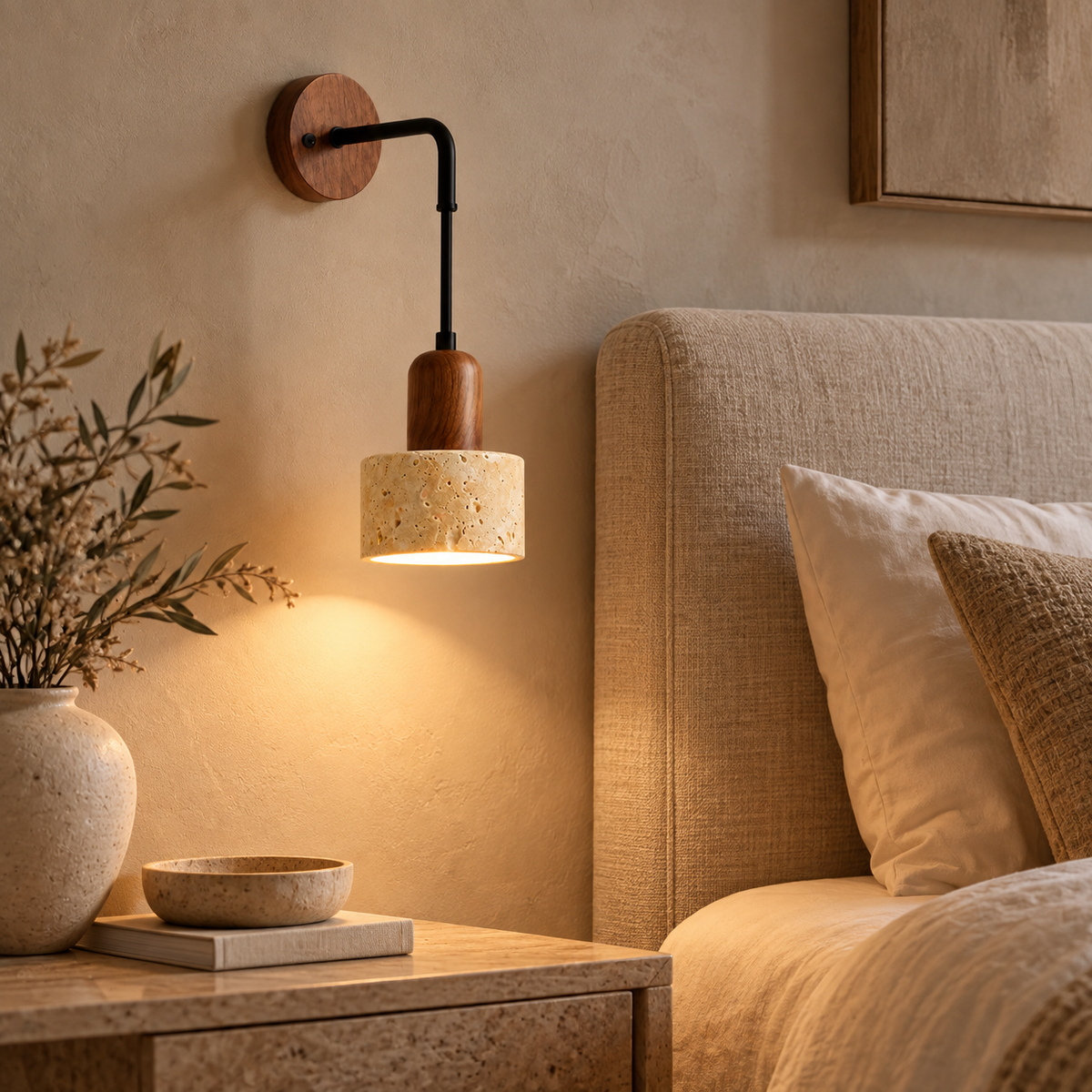 Sora wall light with travertine shade and walnut backplate, lit beside a linen headboard