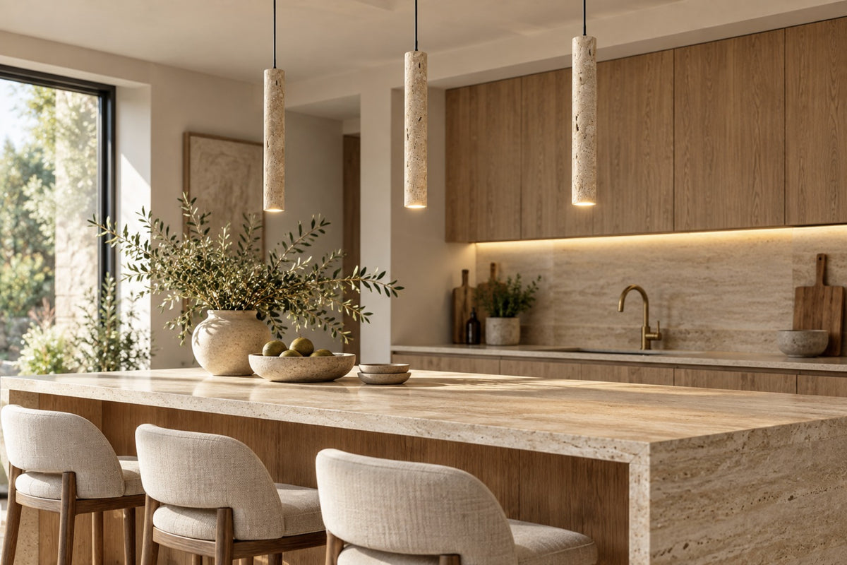 Three Sorelia stone tube pendants above a travertine kitchen island