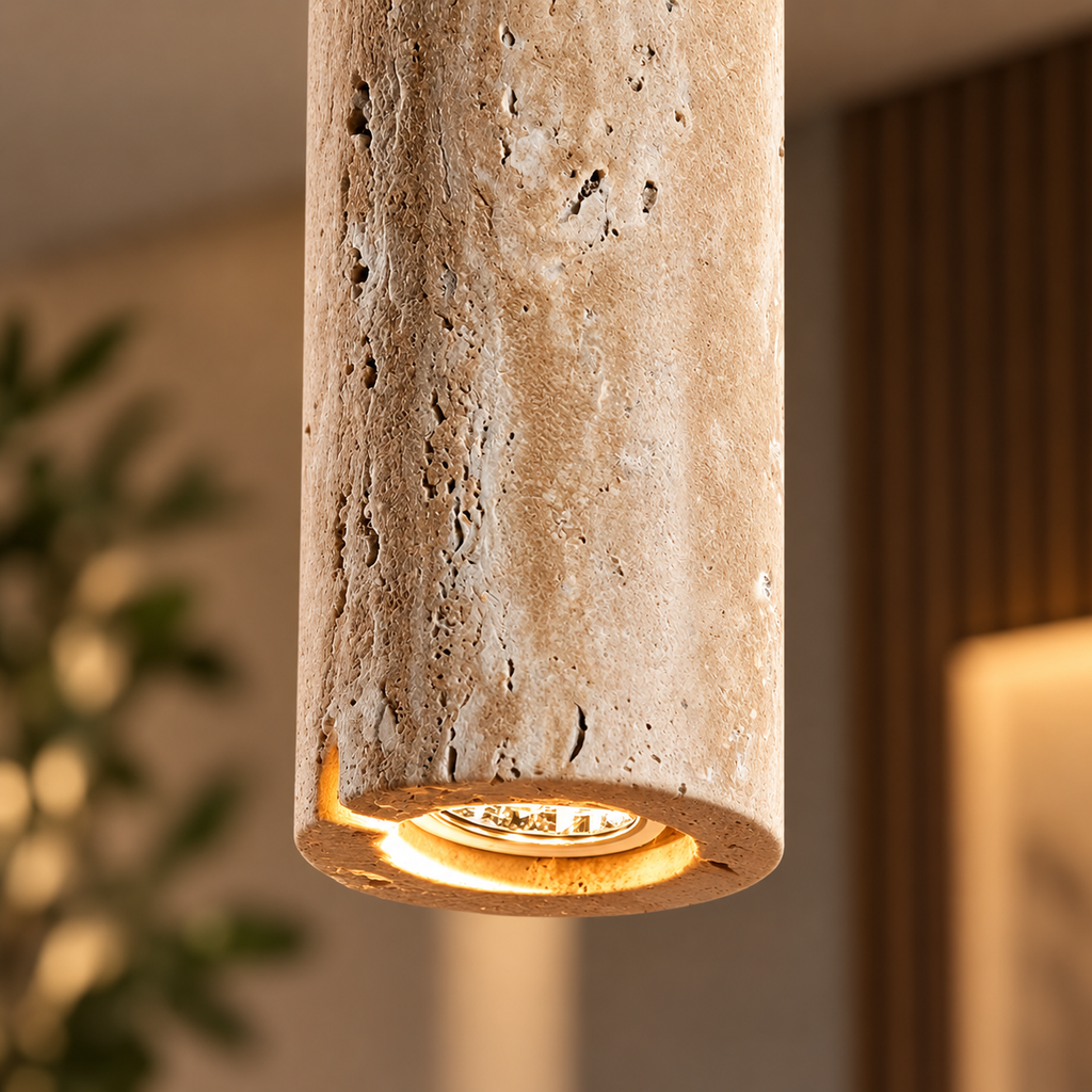 Close-up of the Sorelia stone tube pendant lit from below