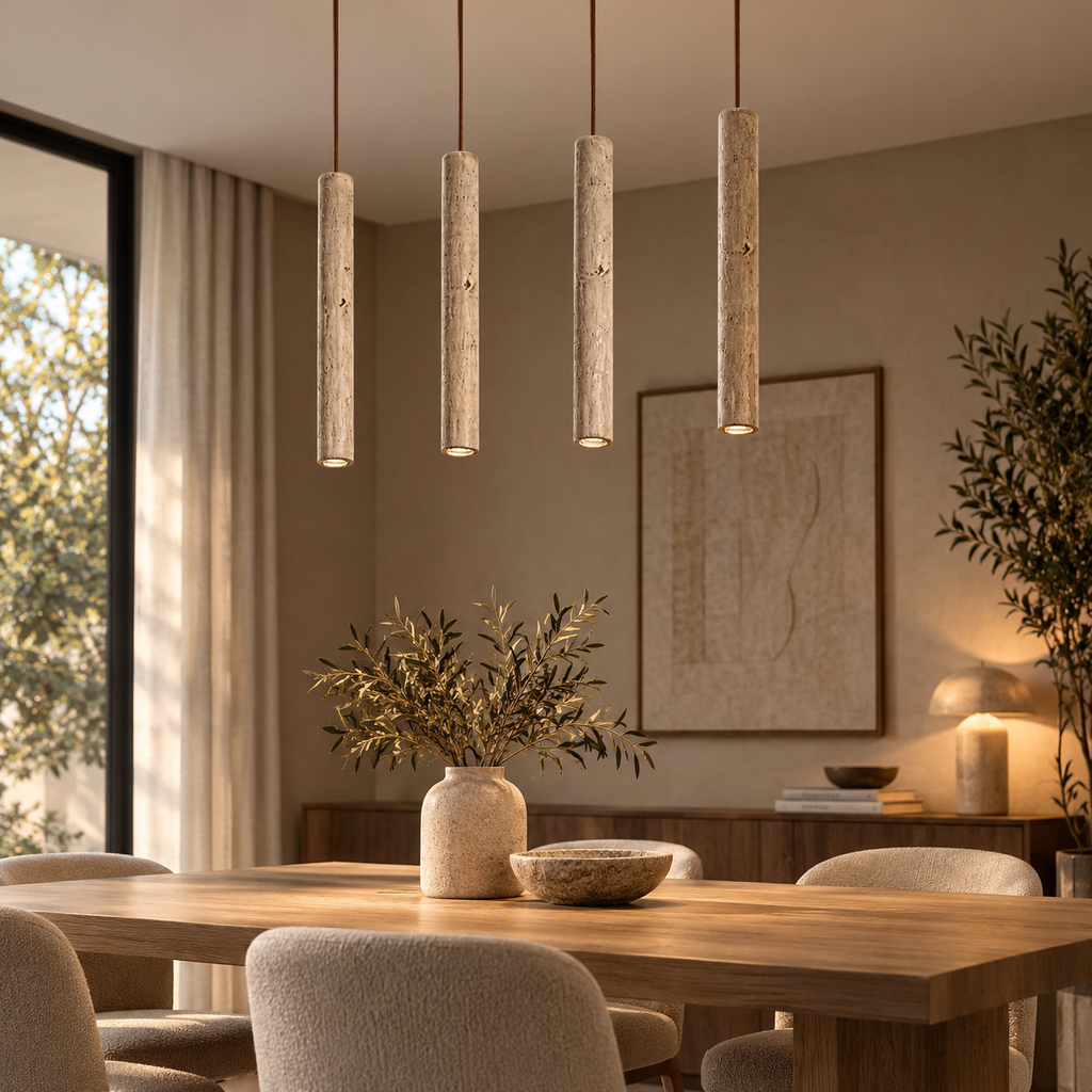 Row of Sorelia stone tube pendant lights in a dining room