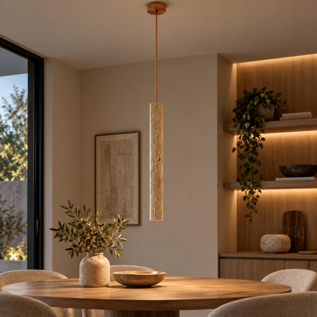 Sorelia stone tube LED pendant light over a dining table