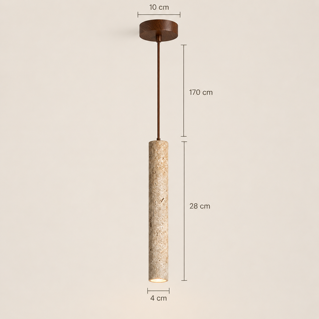 Sorelia stone tube pendant dimensions: 4 cm diameter, 28 cm high, 170 cm cable, 10 cm canopy