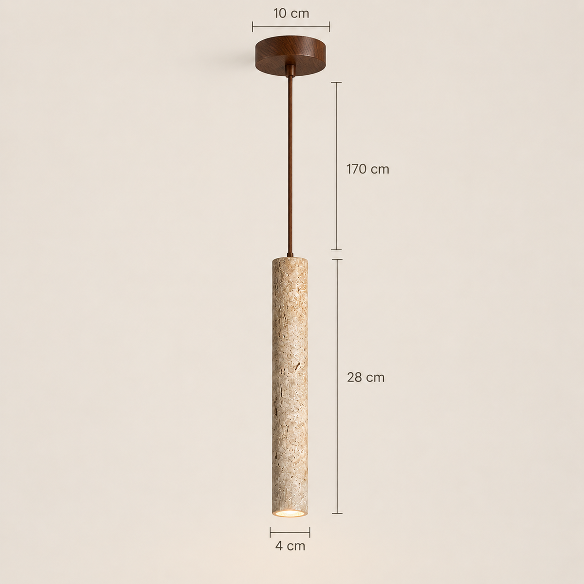 Sorelia stone tube pendant dimensions: 4 cm diameter, 28 cm high, 170 cm cable, 10 cm canopy