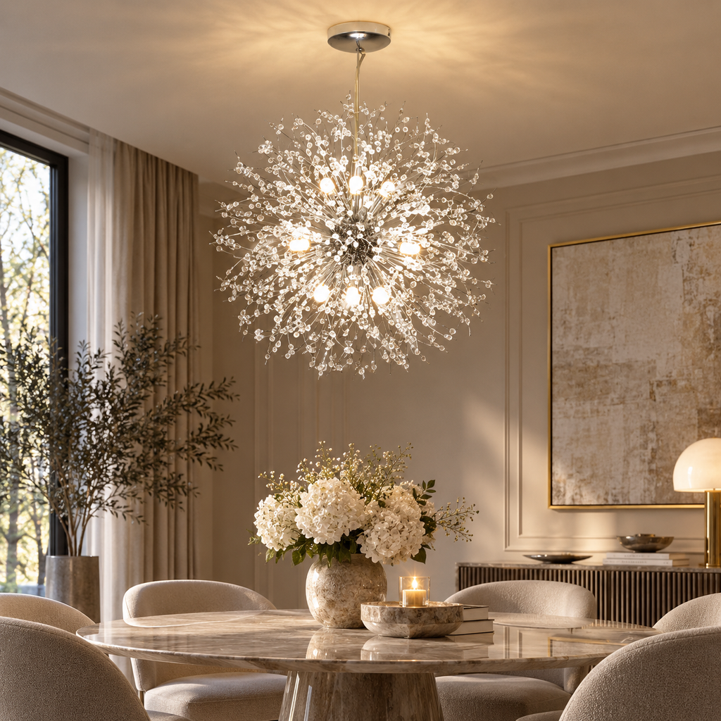 Stellia crystal dandelion 8-light chandelier in chrome over a dining table