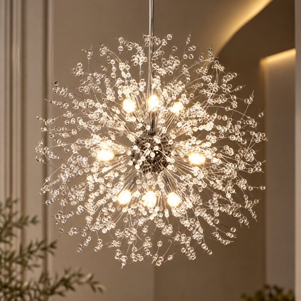 Close-up of the Stellia crystal dandelion chandelier switched on